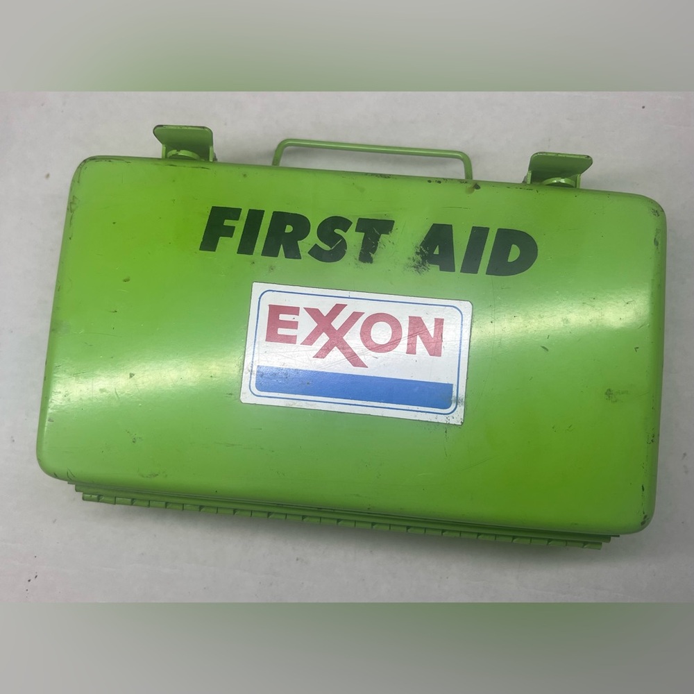 Vintage Exxon First Aid Kit Metal Gas Oil Baton Rouge LA Lime Green